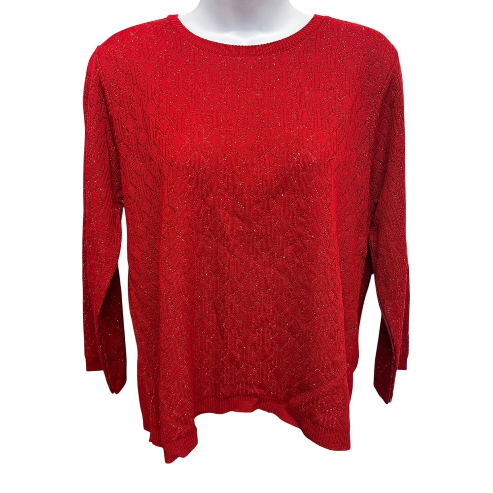 Alfred Dunner Red‎ Metallic Diamond Knit Sweater Petite PXL 3/4 Sleeve 87380 FL